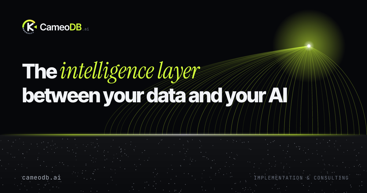 The CameoDB.ai home page: The intelligence layer between your data and your AI, with data crossing a glowing layer into a single point of light.